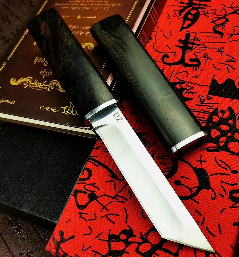 

Japanese samurai ebony tactical straight blade quality D2 steel sharp hunting knife outdoor knife collection gift knife