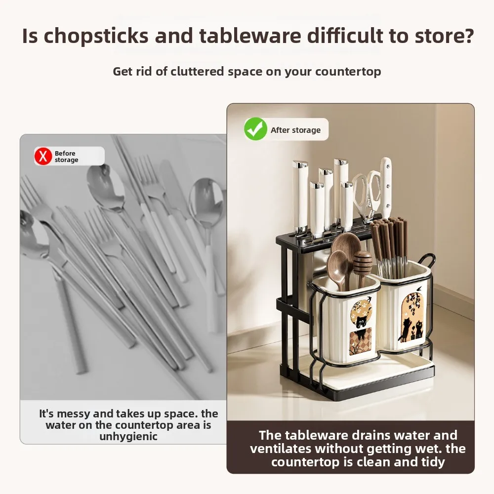 Kitchen Knife Storage Rack Countertop Draining Non-drilling Integrated Rack Double-cup Chopstick Holder Kitchen Organizer view 2
