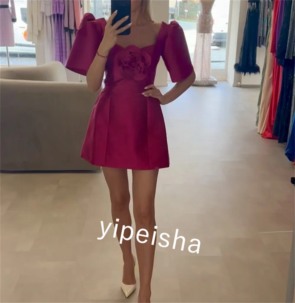 Customized Jersey Flower Pleat Graduation Straight Square Neck Bespoke Occasion Gown  Mini Dresses