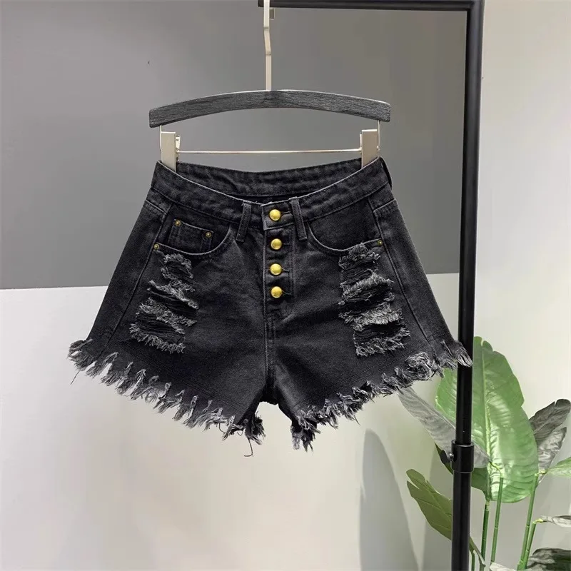 

2024 Summer New Denim Shorts for Women Versatile Slim High Waist Ripped Hole Hotpant Fashion Raw Edge Wide Leg Short Pants