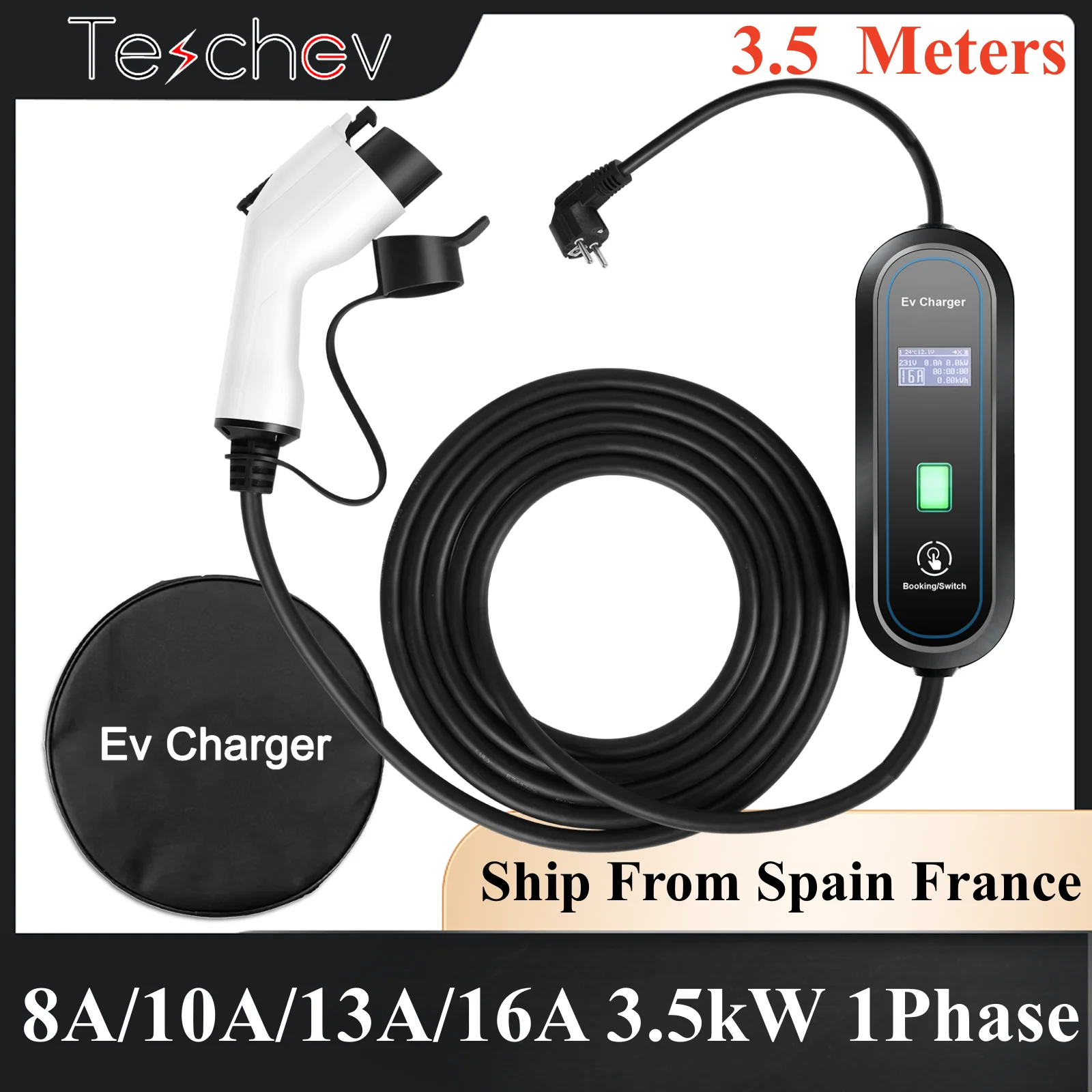 Teschev 220V 230V Portable Electric Car Vehicles EV Charger Type 2 16A 3.5kW Car Charging Cable SAE J1772 Type 1 Wallbox