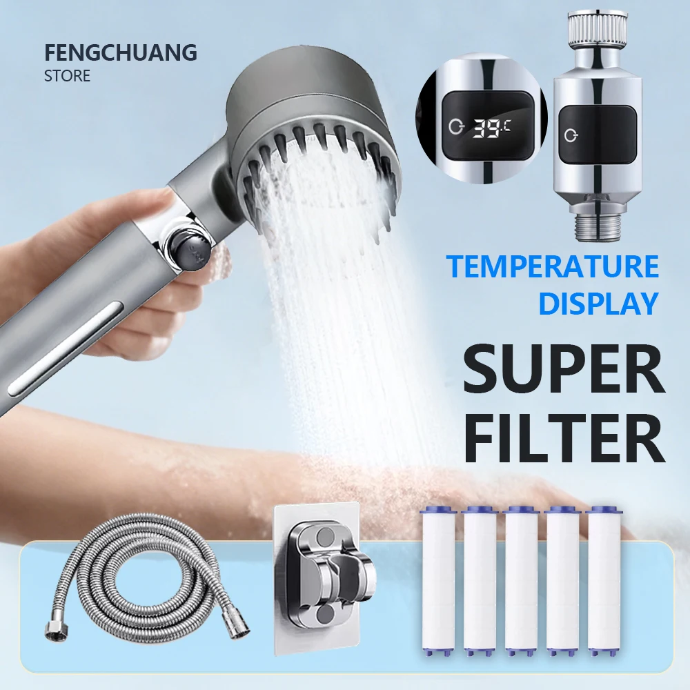 

4 Mode Shower Head Water Filter Temperature display High Pressure Shower Portable One-Key Stop Shower Bathroom Accessories