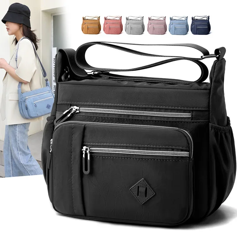 Summer Simple Casual Lightweight Large Capacity Multi Layer Nylon Cloth Shoulder Crossbody Bag for Middle-Aged Mother