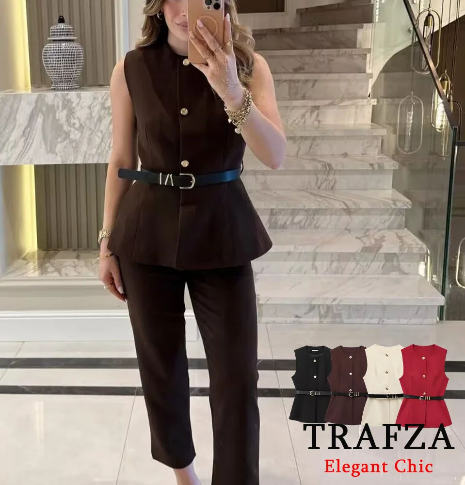 

TRAFZA Elegant Commute Belt Vest Women's Buttons Sleeveless Slim Vest 2025 Spring Fall Fashion High Street Simple Lady Vest