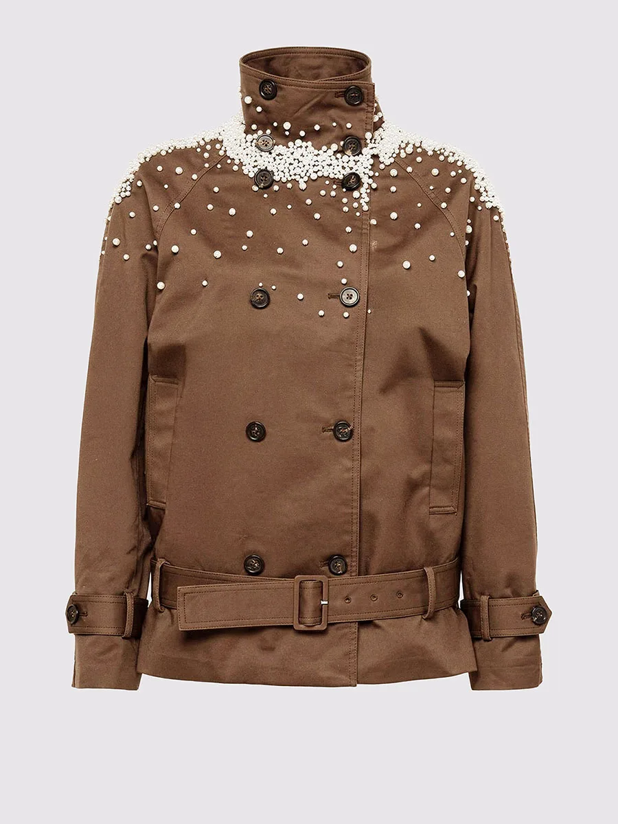 TWOTWINSTYLE Stand Collar Pearl Beaded Jacket for Women Double Breasted Belted Long Sleeve Loose Outerwear for Daily Street Wear