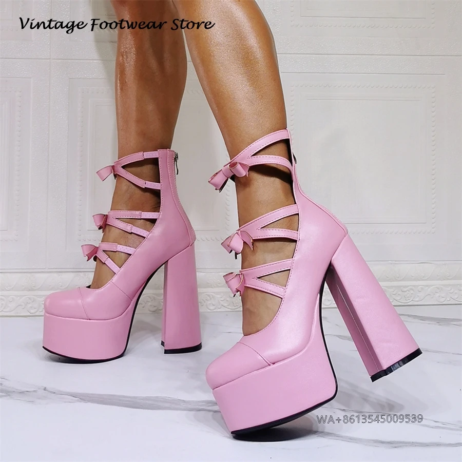 Vintage Cute Knotted Plaform Pumps Girls Round Toe Square Heel Lolita Shoes Spring Summer Women High Heels Party Club Bar Pumps