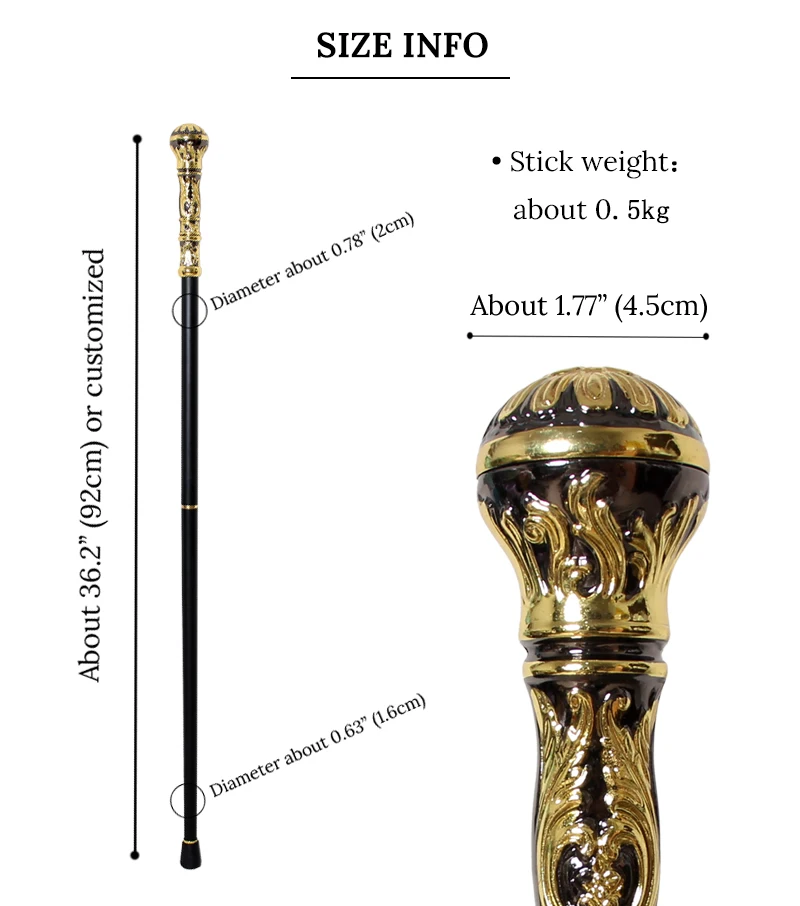 Black Gold Embossed Victorian Walking Cane with Detachable Round Handle Vintage Walking Stick Cosplay Prop for Men And Women