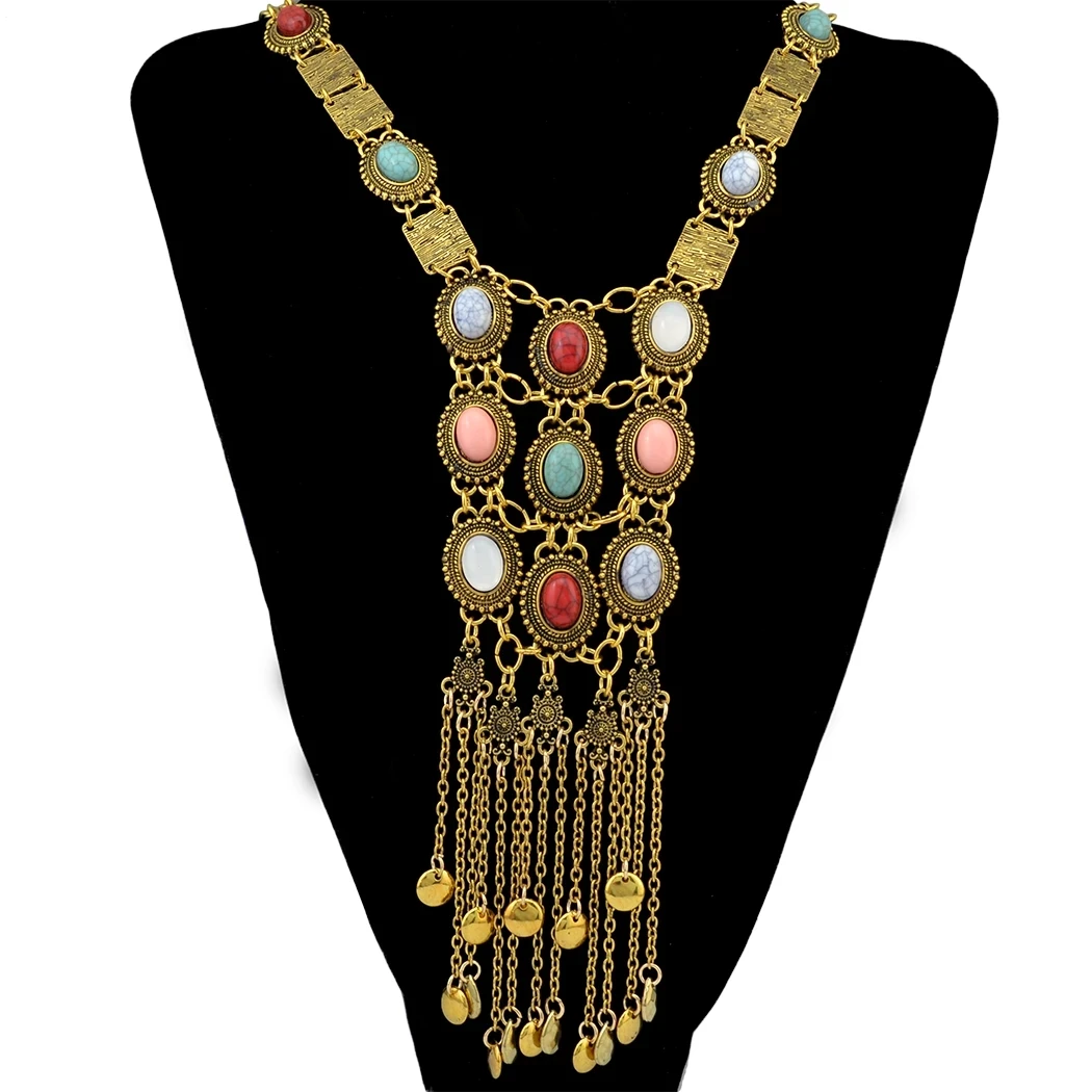 Vintage Silver Plated Gold Plated Chain Bead Stone Long Tassel Pendant Women\'s Necklace Suitable for Women\'s Party Jewelry Gifts