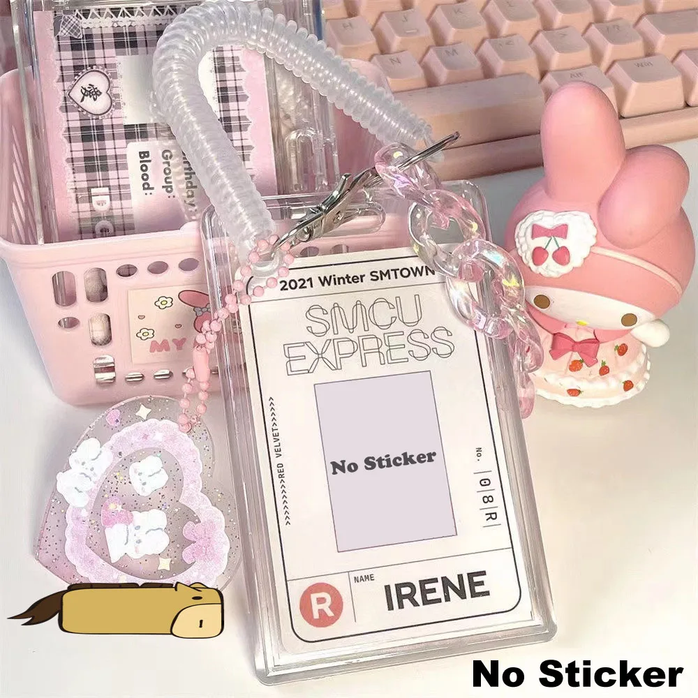 INS DIY Blue Pink Card Cover Sleeve Vertical/Horizontal Sliding Photocard Holder With Keychains Bus Card Protective Case Pendant