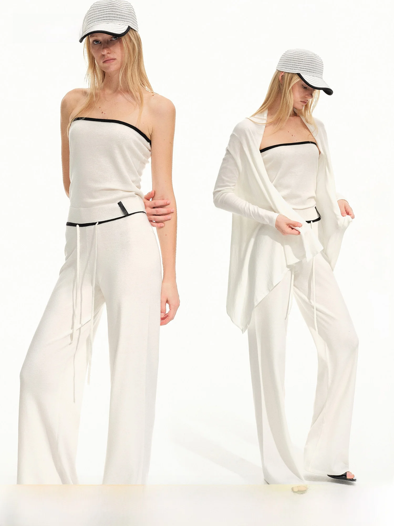PRRP Knitted Asymmetrical Hem Open Cardigan Color Block Bustier High Waist Casual Pants Three Piece Set Women's Fashion Ensemble