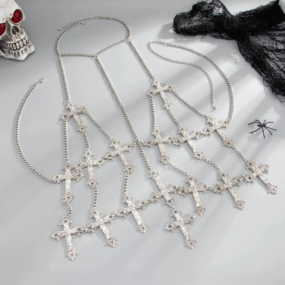 Sexy Silver Color Jesus Cross Chest Bra Chain Necklace for Women Goth Rave Festival Halloween Party Body Jewelry Gift