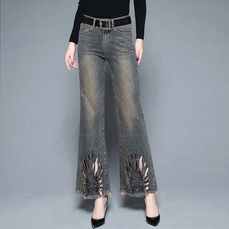 Original Design Embroidered Women High Waist Autumn Button Pocket Zipper Washed Bleached Do Old Loose Straight Flare Pants WJ279