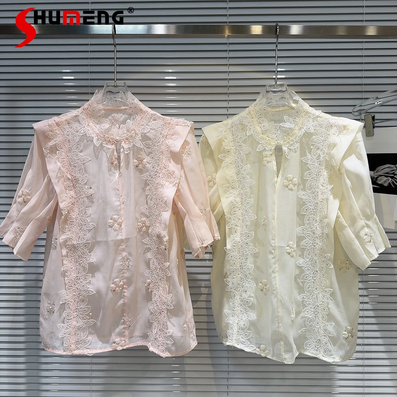 2024 Women's Summer Lace Elegant Female Socialite Chiffon Blouse Short Sleeve Feminine Loose Comfort Nice Straight Blouse