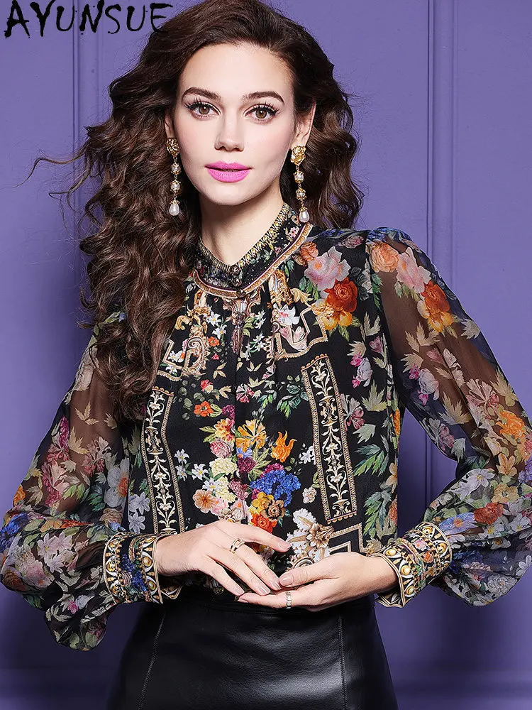 

AYUNSUE 100% Natural Mulberry Silk Blouse Elegant Blouses for Women Long Sleeve Womens Tops Spring Summer Clothes Топ Женский