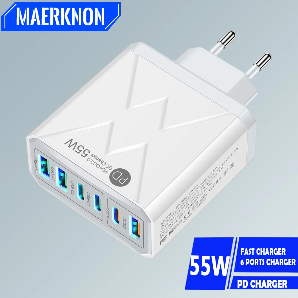 6 Ports 55W USB Charger PD Type C Fast Charging Wall Charger For iPhone Xiaomi Samsung Huawei QC 3.0 USB C Phone Charger Adapter