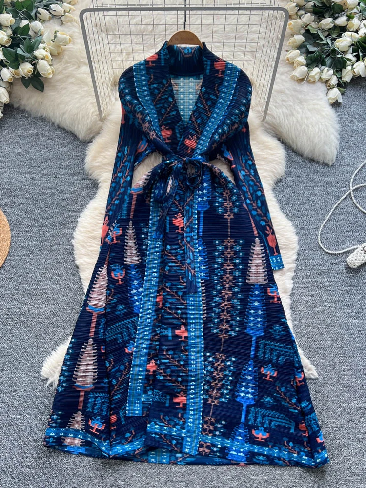 Elegant Vintage Floral Print Dress Women's High Waist Belted V-Neck Long Sleeve Cardigan Pleated Long Skirt City Commute