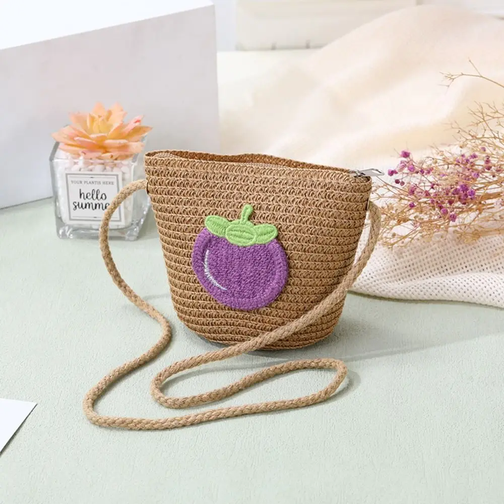 Cute Straw Crossbody Bag Eggplant Small Shoulder Bag Coin Purse Kids Girls