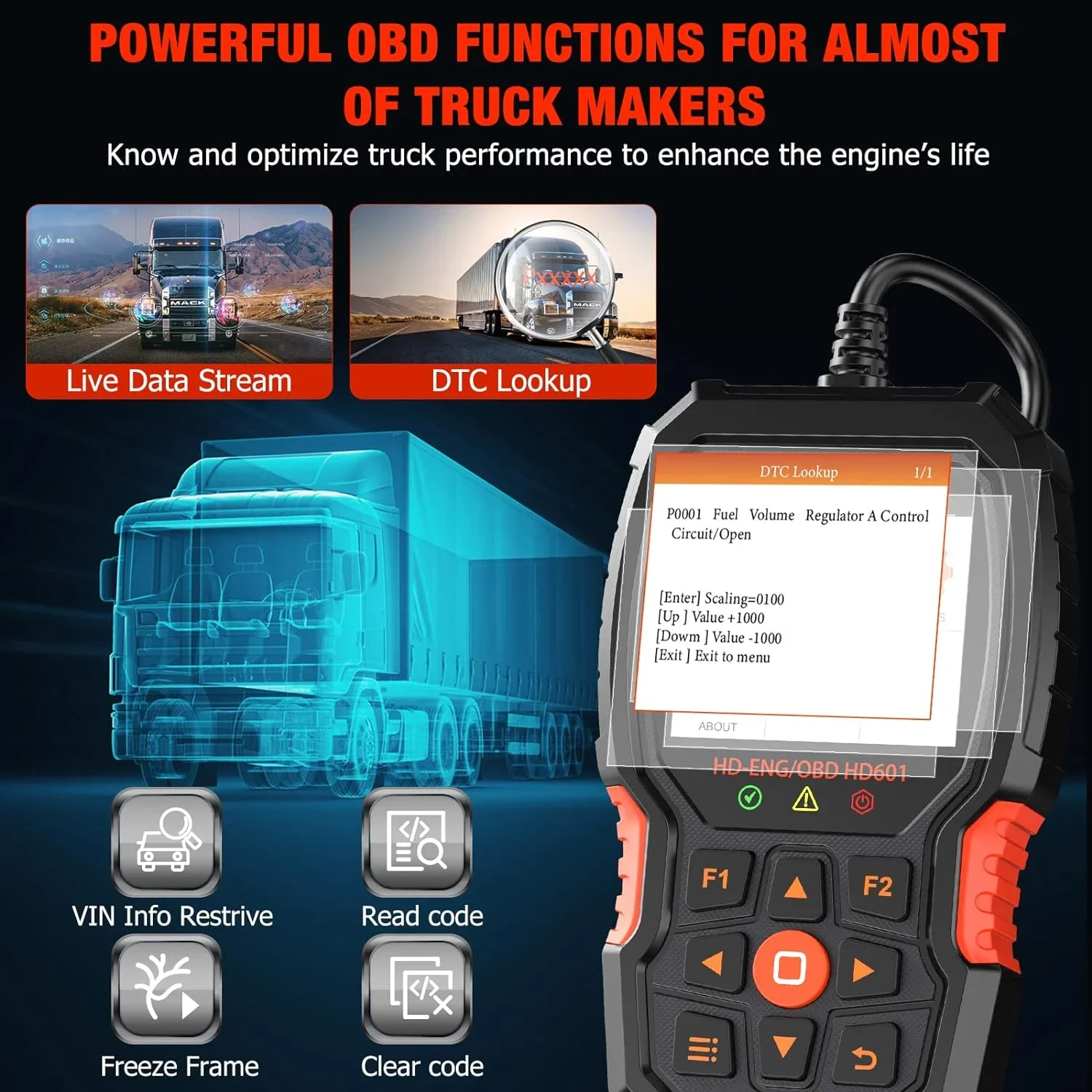 ANCEL HD601 Heavy Duty Truck Scanner All System Car Code Reader 6/9/16 PINS OBD 2 Diesel Diagnostic Scan Tool Free Update