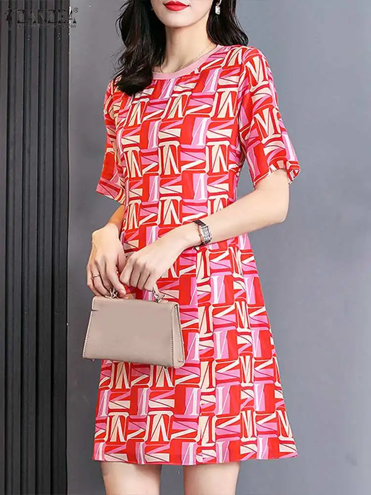 Stylish A Line Printing Dress ZANZEA Summer Women Sundress Short Sleeve O Neck Robe Femme Casual Baggy Work Vestidos Oversize