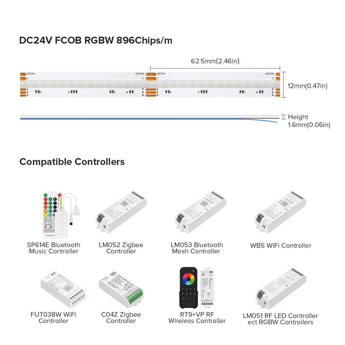 LED Strip Light DC24V 896 LED 16W 5pin 12mm DC12V 816 FCOB RGBW Flexible FOB COB RGBWW Lights High Density RA90 Linear Dimmable