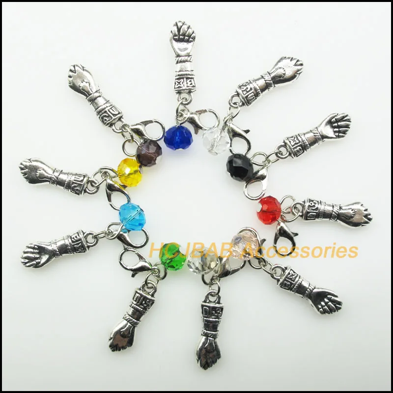 

10 New Hand Fist with Clasp Charms Tibetan Silver Plated Pendants Mixed Round Crystal 7x22mm