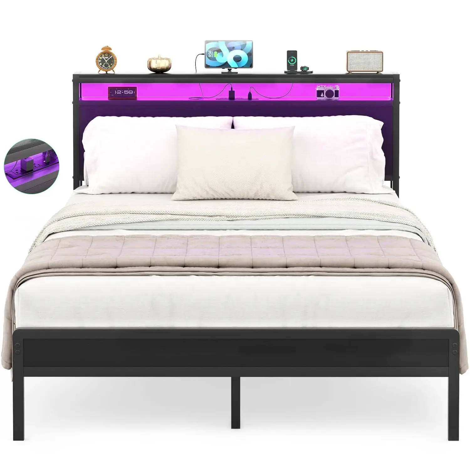 

Full Metal Platform Bed Frame with Headboard USB Charging Station LED Lights Noise-Free No Box Spring Needed, Customized