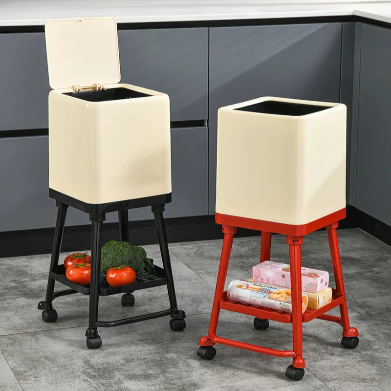 High-footed Trash Can with Wheels Kitchen Large Capacity Press-type Waste Bins with Bottom Storage Basket Cleaning Recycle Bin