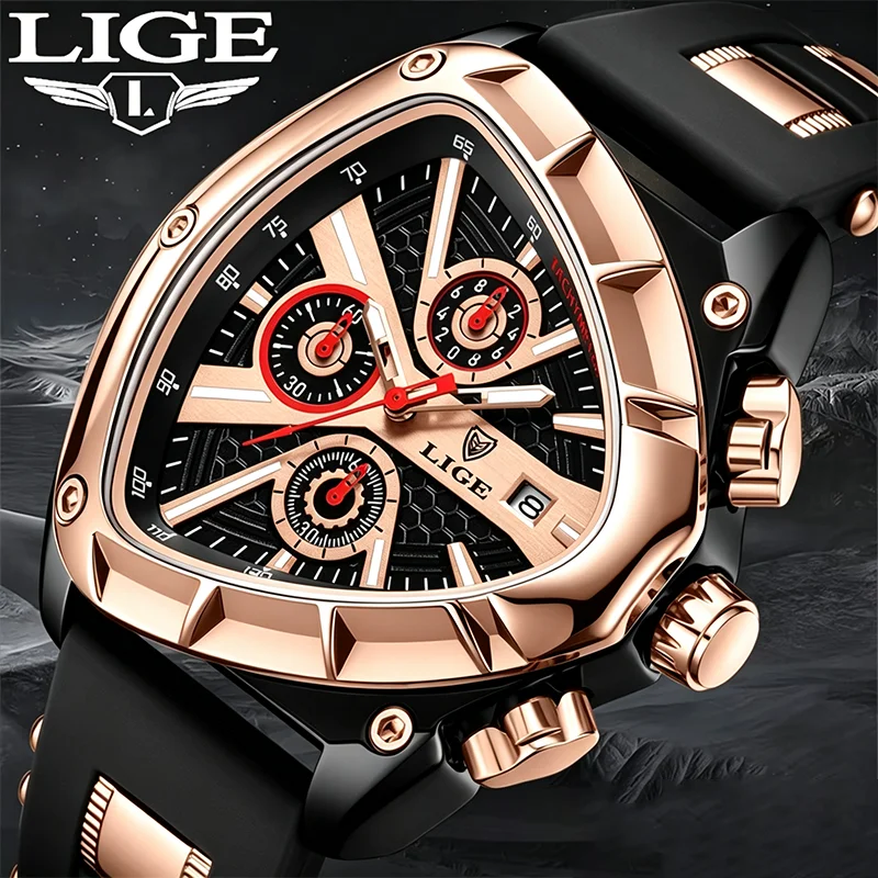 LIGE New Luxury Men Watch Fashion Triangle Chronograph Wristwatch Sport Mens Watches Luxury Waterproof Quartz Clock Man Reloj