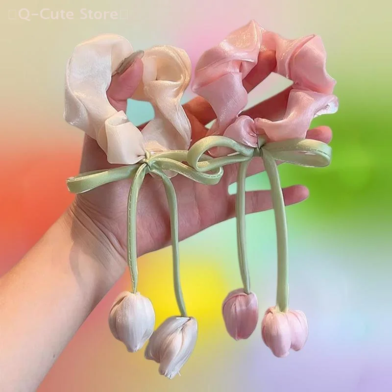

Girls Sweet Gentle Tulip Flowers Ribbons Large Intestine Hairband Women Elastics Hair Band Ponytail Hair Ropes Hair Accessories