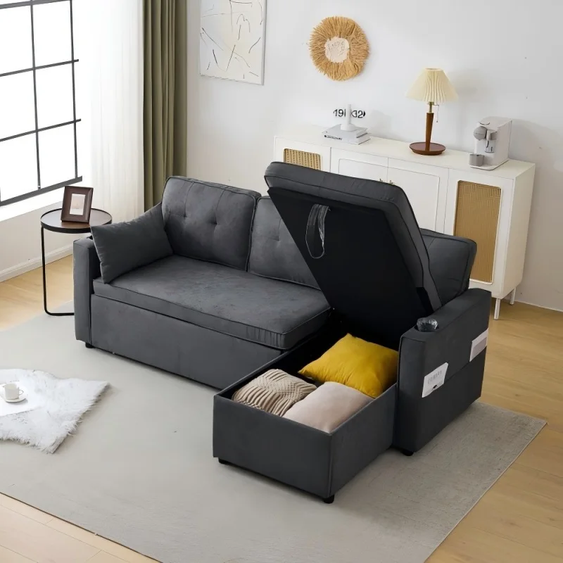 Sofá-cama conversível 3 em 1 com espreguiçadeira de armazenamento interno, sofás-cama em forma de L com porta-copos, travesseiros, bolso de armazenamento