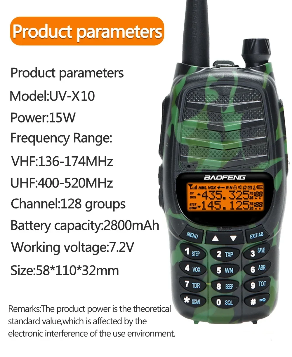 

Baofeng UV-X10 Walkie Talkie Dual Band Dual PTT USB Charger 10W High Power Long Range UHF VHF 128 Channels VOX Tow Way Radio