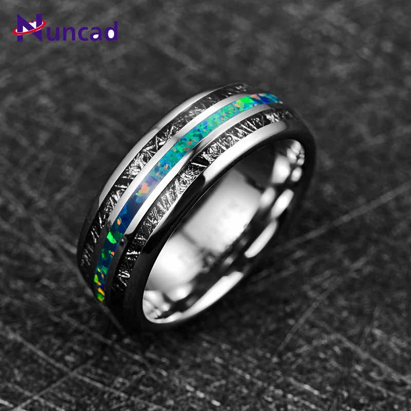 Nuncad 8mm Width Men's Ring Wedding Band Engagement Ring Inlaid Black Meteorite + Green Opal Tungsten Carbide Ring T222R