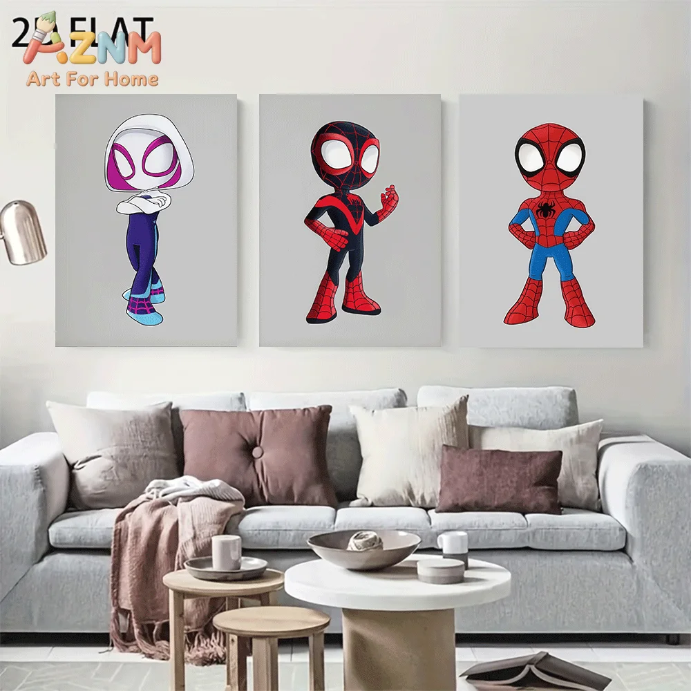 AZNM Cute Chibi Spider-Verse Canvas Wall Art Frameless Poster Spider-Gwen Miles Morales Cartoon Superhero Print Kids Boys Bedroo
