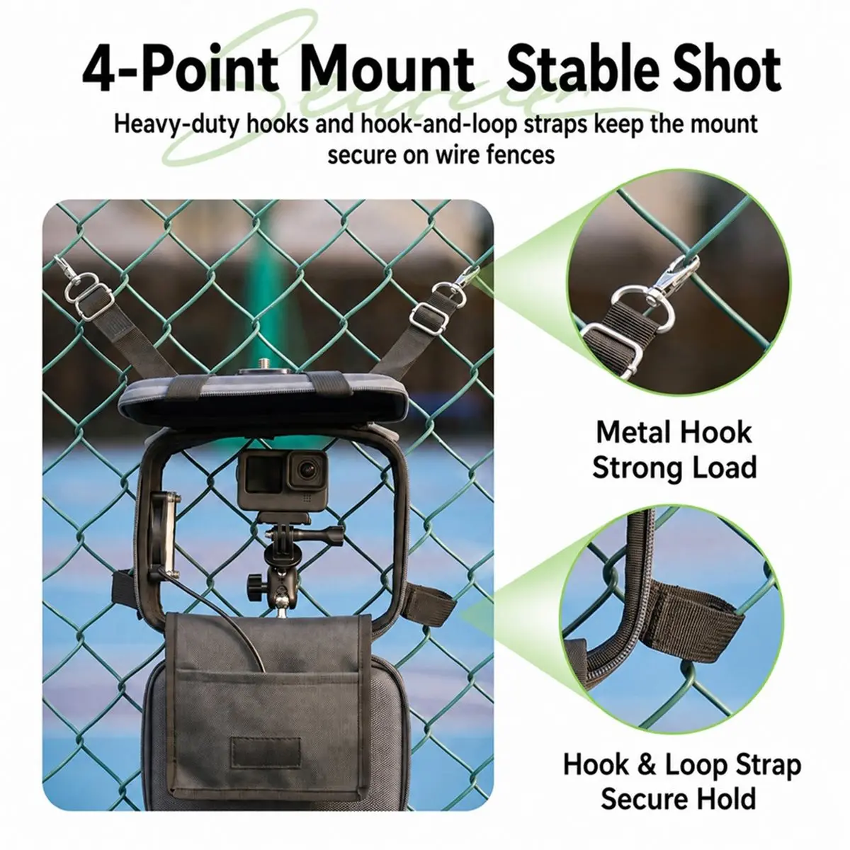 Fence Multi-Functional Action Camera Mount with Cooling Fan for Baseball Softball Adjustable Sun Hood Carrying Bag