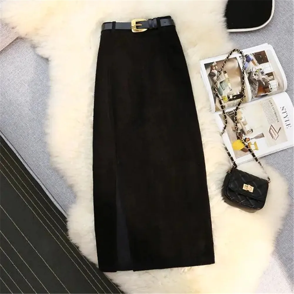 Vintage Winter Skirts Women Retro Split Midi Long Corduroy Casual Skirt Belt Jupe Longue Office Lady A-Line High Waist Hip Skirt