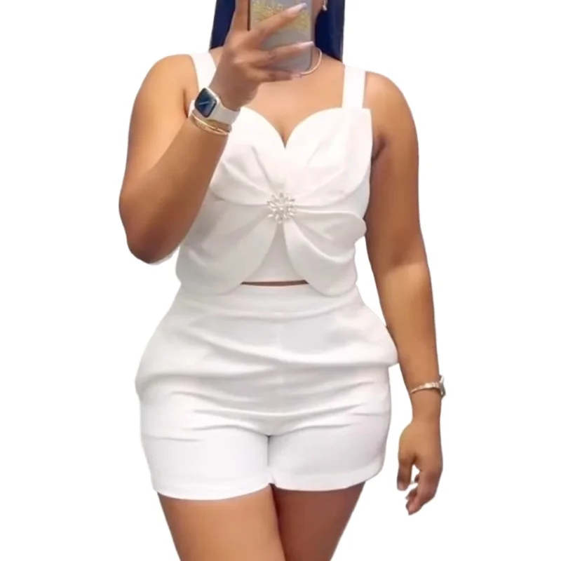 

2026 Cross-border Amazon New Fashion Popular Casual Vest Shorts Set Women's Chic Corsage Shape Europe America Women's Clothing