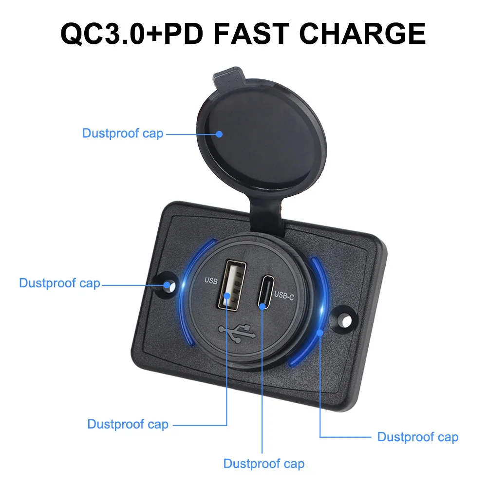 Waterproof QC3.0+PD Car USB Port Charger For Car Marine Boat RV Auto Accessory Socket Adapter 12V/24V LED Light Car Charger