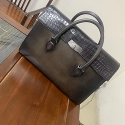 Seetoo Porosus Crocodile Leather Mixed Cowhide Double-layer Business Briefcase Color Customization Includes Shoulder Straps