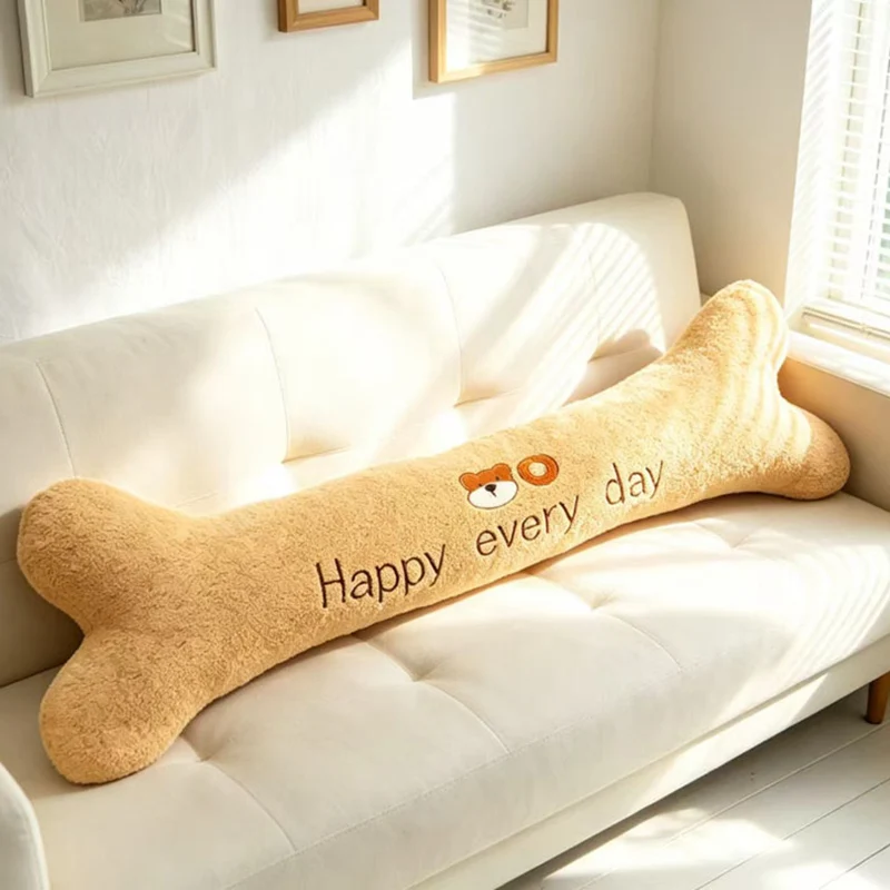 

Kawaii Bone Shaped Long Pillow Soft Fluffy Plush Body Pillow with Bear Print Perfect for Side Sleepers and Bedroom Decor.