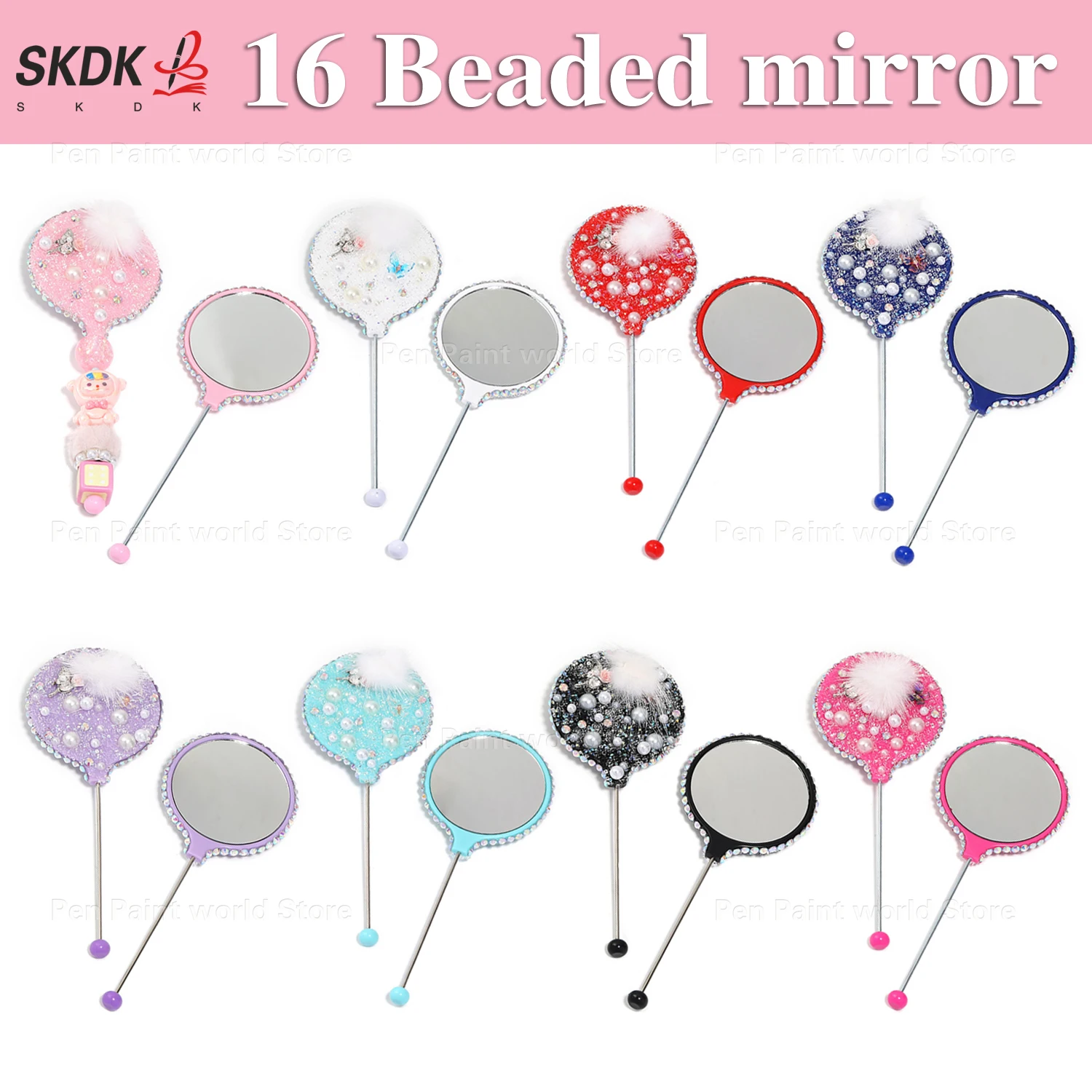 16Pcs Cute Handheld Makeup Mirror with Beads & Pom-Pom - Portable Starry Pearl Design - Fashion Bookmark Accessory
