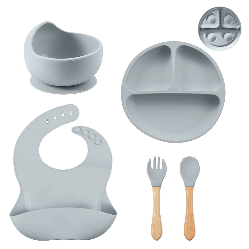 3/5/6Pcs Silicone Baby Feeding Set BPA Free Suction Bowl Divided Plate Wood Handle Spoon Fork Silicone Bibs Children Tableware