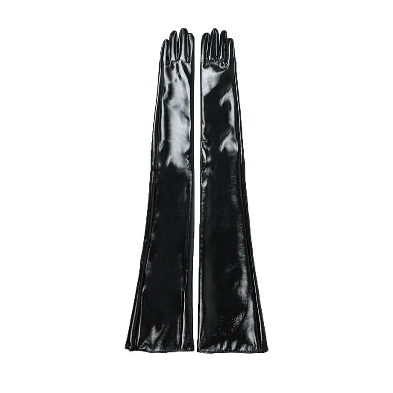 70cm Patent Leather Gloves Female Shiny Black Faux Real Leather PU Performance Photo Shoot Cosplay Women Gloves PU70-1