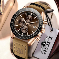 LIGE Leather Watches Men Fashion Business 30M Waterproof Quartz Wristwatch Chronograph Date Luxury Luminous Sports Man Watch+Box