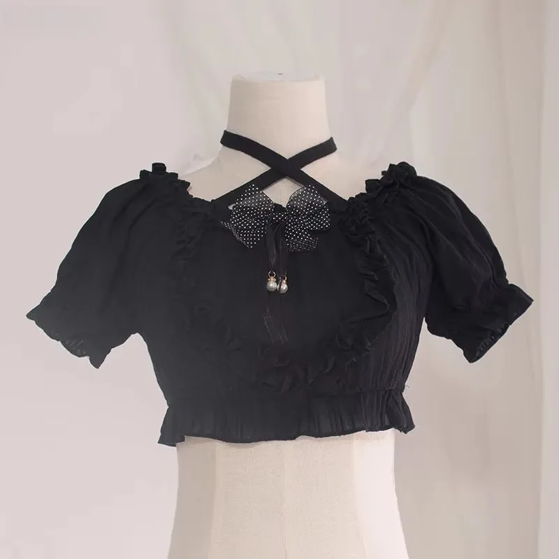 Women Gothic Lolita Black Blouse Bow Ruffles Puff Sleeve Cotton Vintage Y2K Kawaii Crop Top