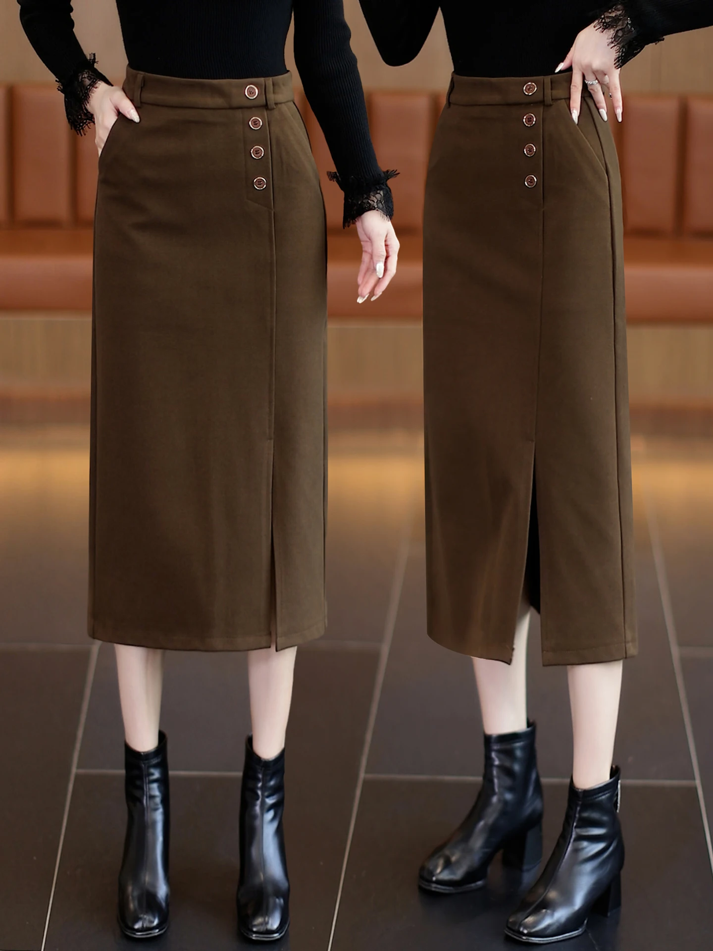 High Waist A-Line Midi Skirt Women's Woolen Checkered Straight Cut Split Step-In Skirt Comfortable Soft Korean Style Commute