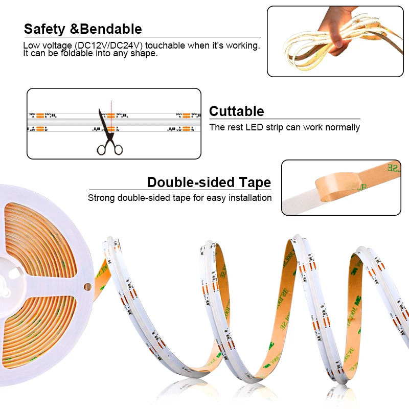 Dimmable COB RGBCCT RGBW LED Strip Lights 784 840 LEDs Changeable Lighting Led Flexible Tape Light FCOB Linear Ribbon RA90 DC24