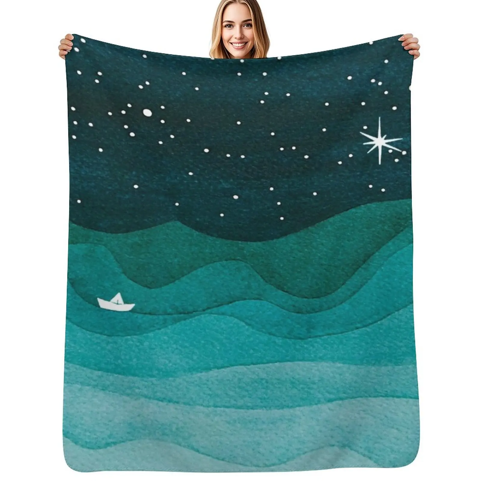 Starry Ocean, teal sailboat watercolor sea waves night Throw Blanket Machine Washable Soft Warm Blanket