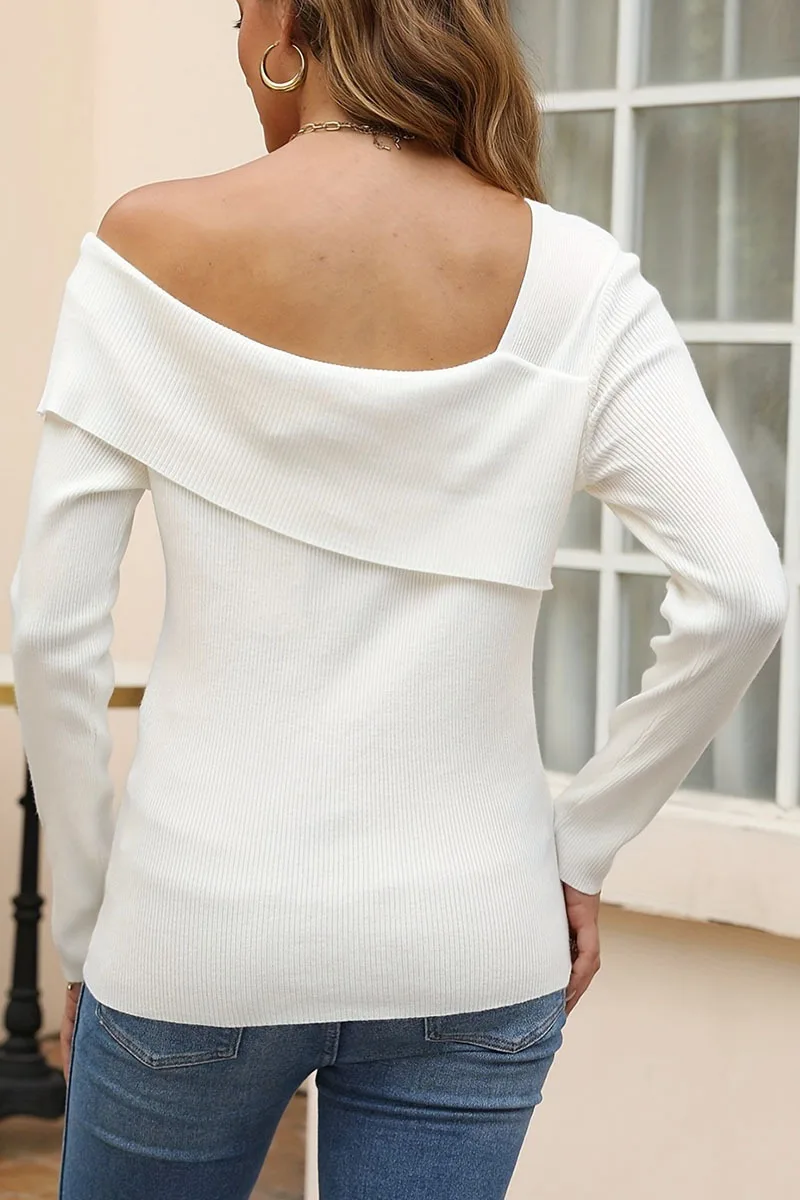 Women's Off Shoulder Sweater Autumn Long Sleeved Knitted Lightweight Pullover Sweater Top