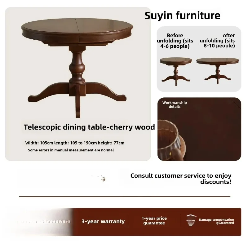 Ca-18 New American Retro Solid Wood Retractable Dining Table Home Foldable Round Dining Table