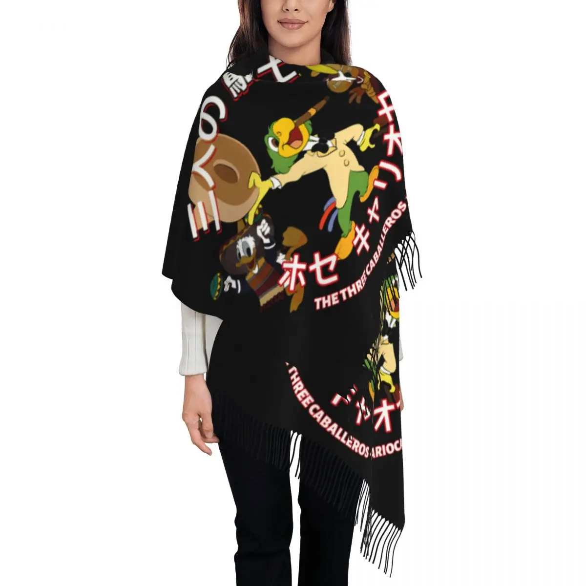 

Custom The Three Caballeros Donald Duck Tassel Scarf Women Soft Shawl Wrap Ladies Winter Scarves